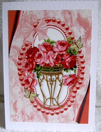 Red Roses in a Beaded Frame with Butterflies A4 by Margaret McCartney