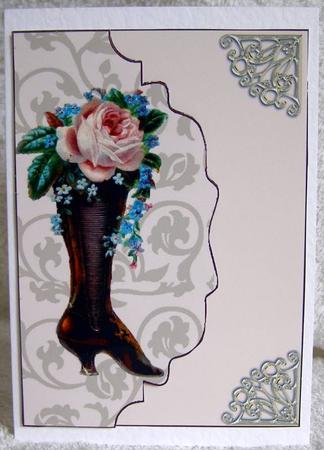 Roses in a Vintage Boot on a Scalloped Envelope by Margaret McCartney