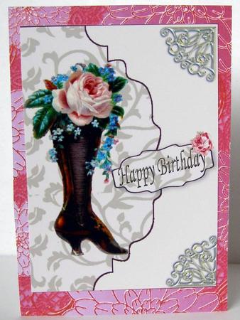 Roses in a Vintage Boot, on a Scalloped Envelope A4 by Margaret McCartney