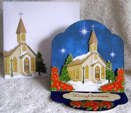 Christmas Church Scene 3D Easel Card with Decoupage by Margaret McCartney