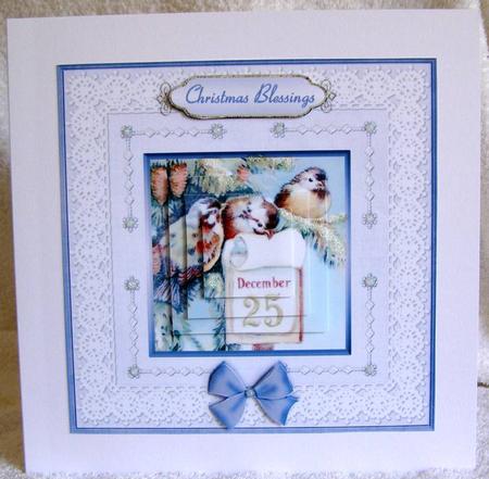 Christmas Birds 'n Lace Pyramid Card Front by Margaret McCartney