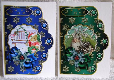 Christmas Golden Stars Scallop Card Fronts in Green and Blue by Margaret McCartney