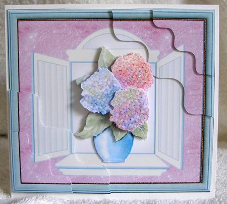 Hydrangeas in a Window - Wavy Corner Stacker with Decoupage by Margaret McCartney