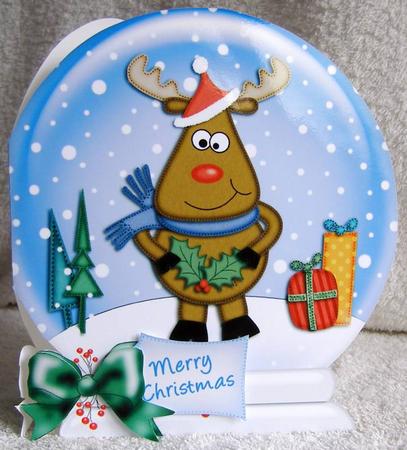 Xmas Rudolph Snow Globe Shaped Card by Margaret McCartney