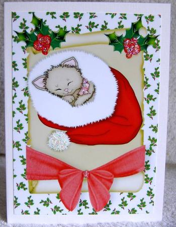 Sweet Little Kitty in Red on a Scroll A4 by Margaret McCartney