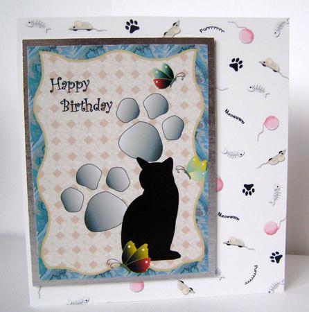A4 "cat, Prints and Butterflies" Birthday Card by Margaret McCartney
