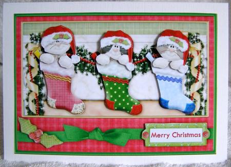 3 Christmas Kitties in Stockings Decoupage by Margaret McCartney