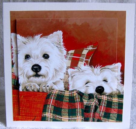 Good Friends Westies Large Square Card Front by Margaret McCartney
