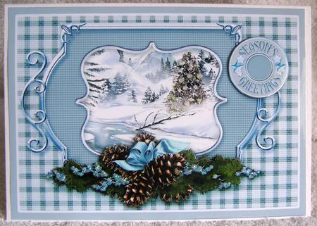 Blue Christmas Snow Scene with Pine Cones Embellishment Deco by Margaret McCartney