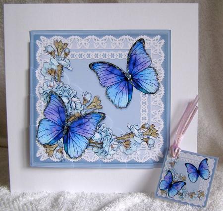 Butterflies and Flowers on Lace Scallop Corner Side Stacker by Margaret McCartney