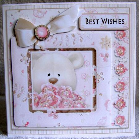 Best Wishes Bear Square Card Front Pink by Margaret McCartney