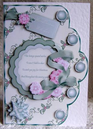 Green and Pink Christmas Scallop Edge Card Front by Margaret McCartney