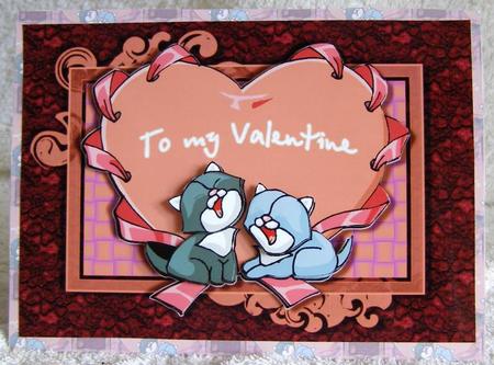 Valentine Cats Card Front with Decoupage by Margaret McCartney