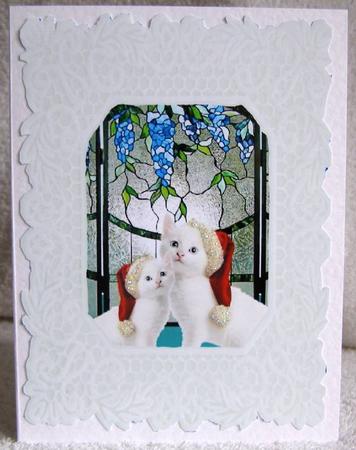 Christmas Kittens and Tiffany Glass Screen A4 Card Front by Margaret McCartney