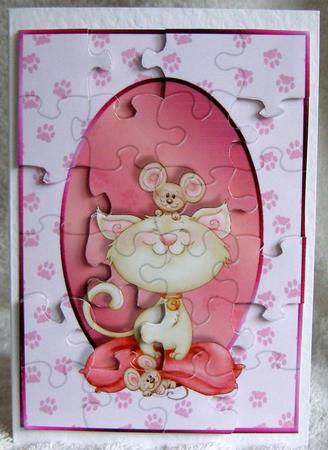 Cat and Mouse Pink Jigsaw Puzzle Quick Card Front by Margaret McCartney