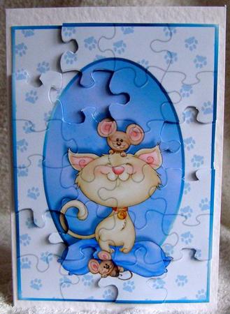 Cat and Mouse Blue Jigsaw Puzzle Quick Card Front by Margaret McCartney