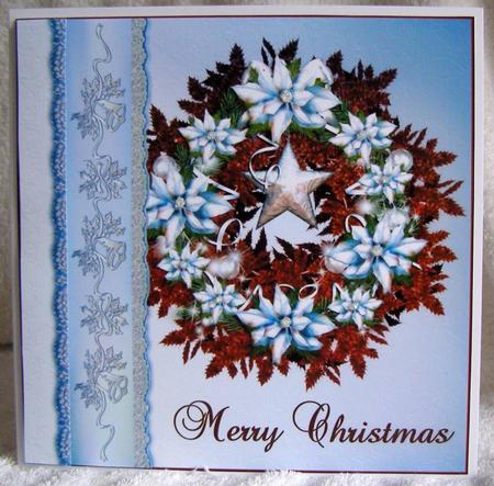 Merry Christmas Poinsettia Garland on Blue with Bell Ribbon by Margaret McCartney