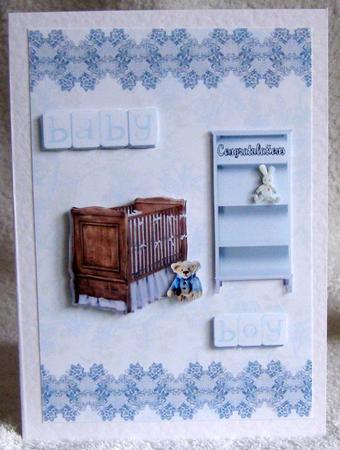 Baby Boy in Shabby Chic Quick Card Front with Decoupage by Margaret McCartney