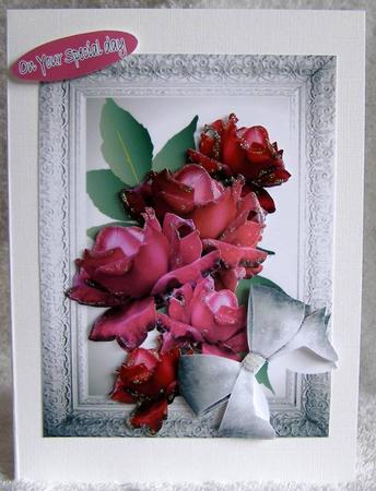 Beautiful Cerise Rose with Silver Frame and Bows by Margaret McCartney