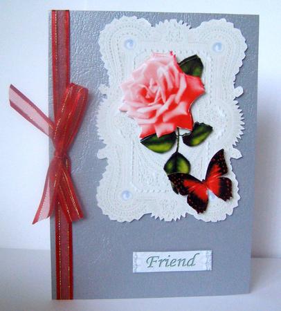 Stunning Elegant Red Rose on Ecru Lace with Decoupage by Margaret McCartney