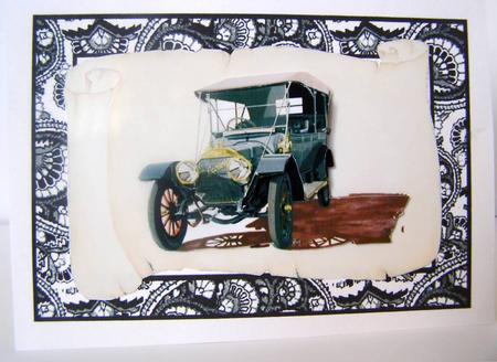 Vintage Car Decoupage on Effective Scroll Background by Margaret McCartney