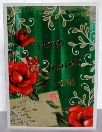 Dark Green Colour Red Rose Painted Postcard A4 Backing Paper by Margaret McCartney
