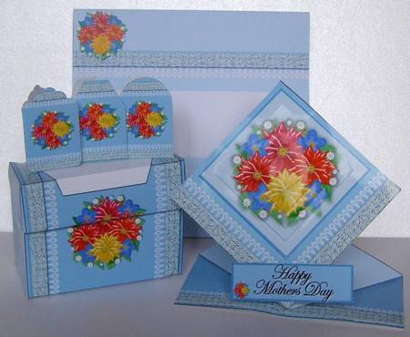 3D Spring Card with Envelope and Gift Box in Blue Floral by Margaret McCartney
