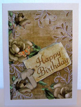Natural Tea Roses Happy Birthday Tag Step by Step Decoupage by Margaret McCartney