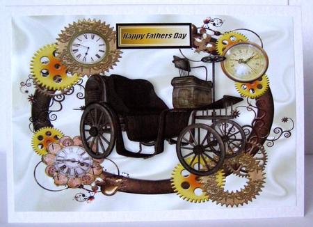 Steampunk Frame of Clocks with Vintage Car Fathers Day A4 by Margaret McCartney