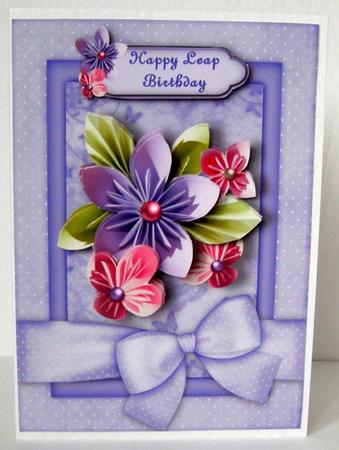 Folded Flowers Leap Birthday Card Front and Step by Step by Margaret McCartney