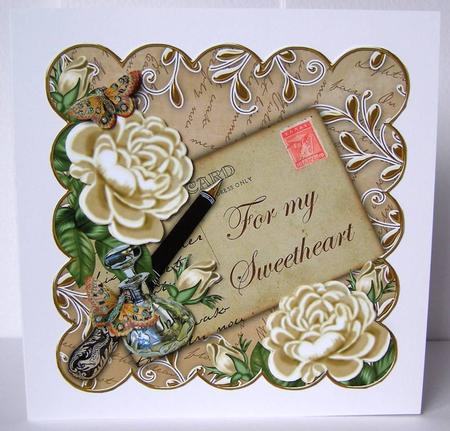 Cream Roses for My Sweetheart Scallop 8in Decoupage Topper by Margaret McCartney
