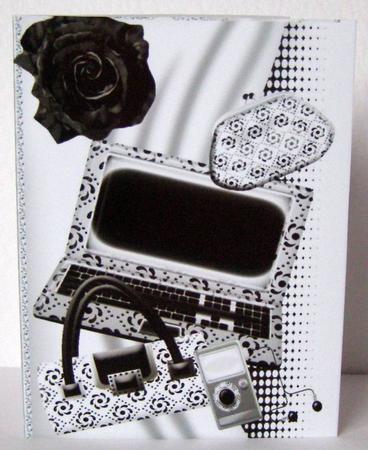 Ladies A5 Ready Fold Card, of Laptop, Mp3 Player with Rose by Margaret McCartney