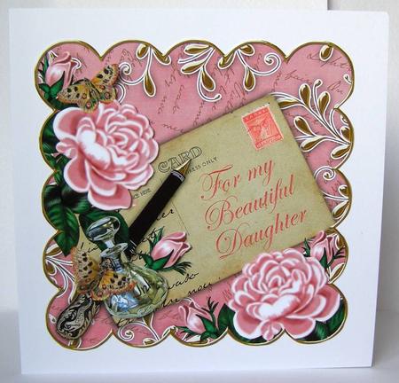 Pink Roses Beautiful Daughter Scallop 8in Decoupage Topper by Margaret McCartney
