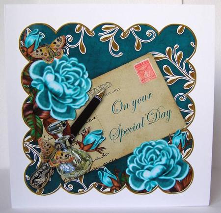 Teal Roses Petrol Special Day 8in Decoupage Topper by Margaret McCartney