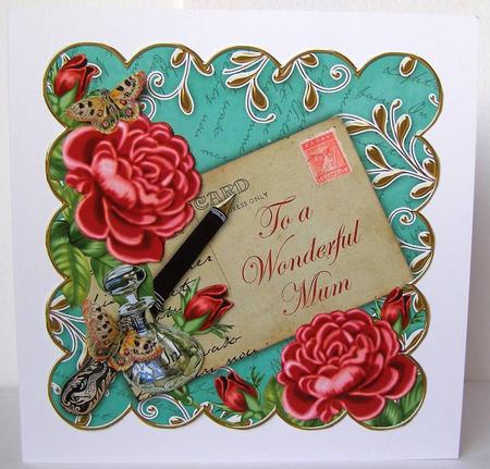 Deep Pink Roses Teal Wonderful Mum 8in Decoupage Topper by Margaret McCartney