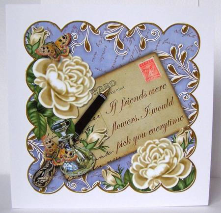 Cream Roses Blue If Friends 8in Scallop Decoupage Topper by Margaret McCartney