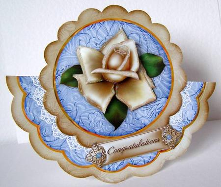 Cream Blue Rose Congratulations - Scallop Edge Wobble Card by Margaret McCartney