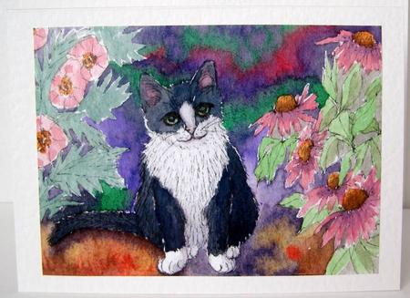 Black & White Tuxedo Cat in the Garden by Margaret McCartney