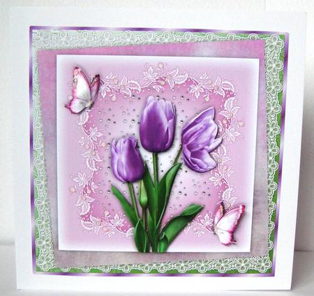 Tantalising Tulips in Lilac Square Card Front with Decoupage by Margaret McCartney