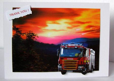 Fire Engine at Sunset Scene Builder Decoupage Card Topper by Margaret McCartney
