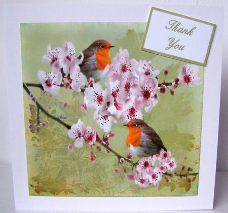 Robins and Almond Blossom 8x8 Topper by Margaret McCartney
