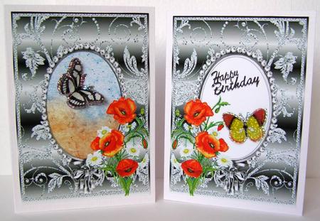 Poppies and Daisies on Silver with Diamonds Double Frames by Margaret McCartney