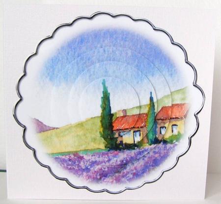 Lavender Field Circlular Card Front - with Pyramage Layers by Margaret McCartney