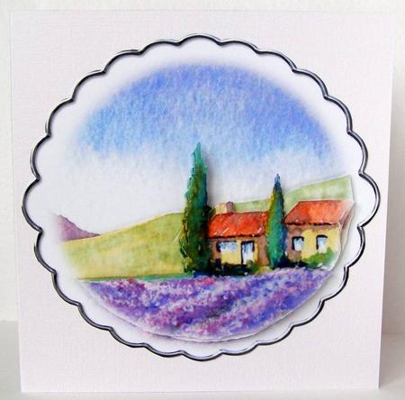 Lavender Field Circlular Card Front - with Decoupage Layers by Margaret McCartney