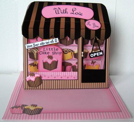 3D Fondant Fancies Shoppe Window Pop Up Card Decoupage by Margaret McCartney