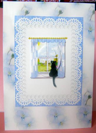Black Cat in Autumn Window Lace & Pearls Card Front by Margaret McCartney