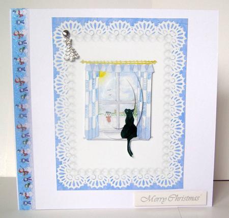 Black Cat in Christmas Winter Window Xmas or Birthday Card by Margaret McCartney