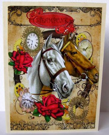 Horses in Steampunk Frame with Roses A4 by Margaret McCartney