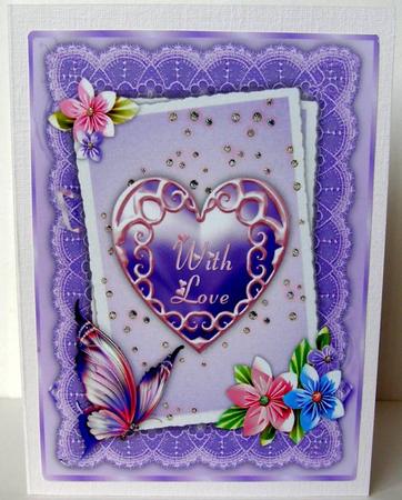Origami Flowers, Heart and Butterfly A4 Card Front in Lilac by Margaret McCartney