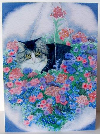 A4 Hanging Basket with Cat by Margaret McCartney